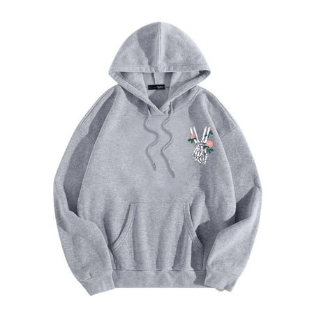 CLZOUD Womens Hoodie Plus Size Casual Long Sleeve Pullover Skeleton Hand Print Drawstring Hooded Sweaters Drop Shoulder Loose Sweatshirt with Pocket H
