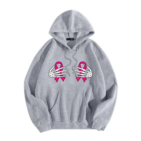 CLZOUD Womens Hoodies Trendy Pink Ribbon Cancer Awareness Pullover with Pocket Hoodie Long Sleeve Sweatshirt Grey M
