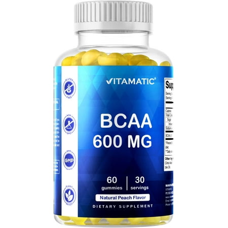 Vitamatic BCAA Gummies - Branch Chain Amino Acid Supplements - Peach Flavor - 600mg per Serving - 60 Vegan Pectin Based Gummies