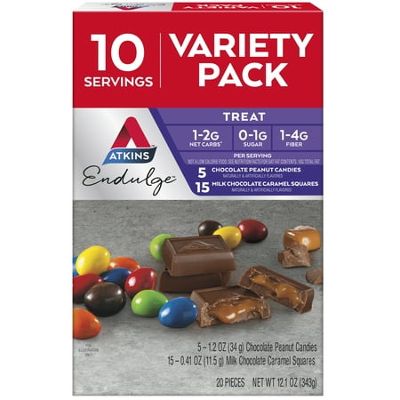 Atkins Endulge Assorted Variety Pk  Peanut Candies & Milk Chocolate Caramel Squares  20 Ct