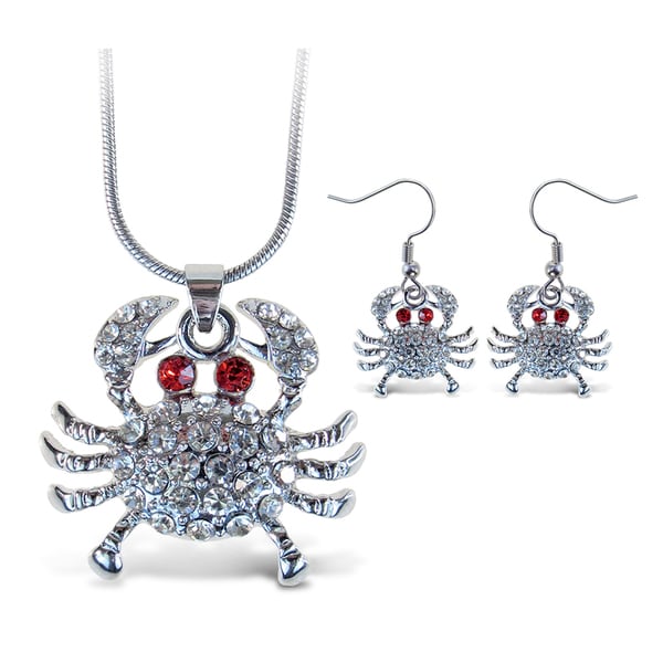 Puzzled Sparkling Crab Necklace and Earrings Set Charming Necklace and Earring Set - Ocean \ Sea Life Theme - Aqua Jewelry Always Unique Gift - Item #