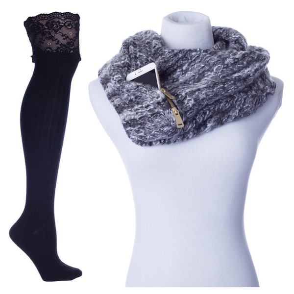 Knee High Boot Socks and Infinity Scarf W/ Zip Pocket