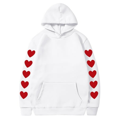 Couples Hoodie for Women Men Valentines Holiday  Sweet Love Heart Print Casual Unisex Hooded Sweatshirt Pullover Tops (X-Large  White 07)
