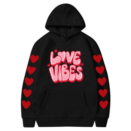 Couples Hoodie for Women Men Valentines Holiday  Sweet Love Heart Print Casual Unisex Hooded Sweatshirt Pullover Tops (X-Large  Black 05)