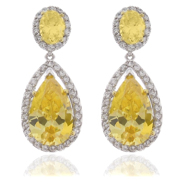 Dolce Giavonna Silver Overlay Yellow and White Cubic Zirconia Teardrop Dangle Earrings