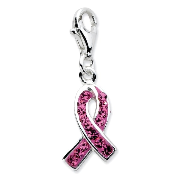 Sterling Silver Click-on Stellux Crystal Pink Awareness Charm, with 18-inch Chain, by Versil - White
