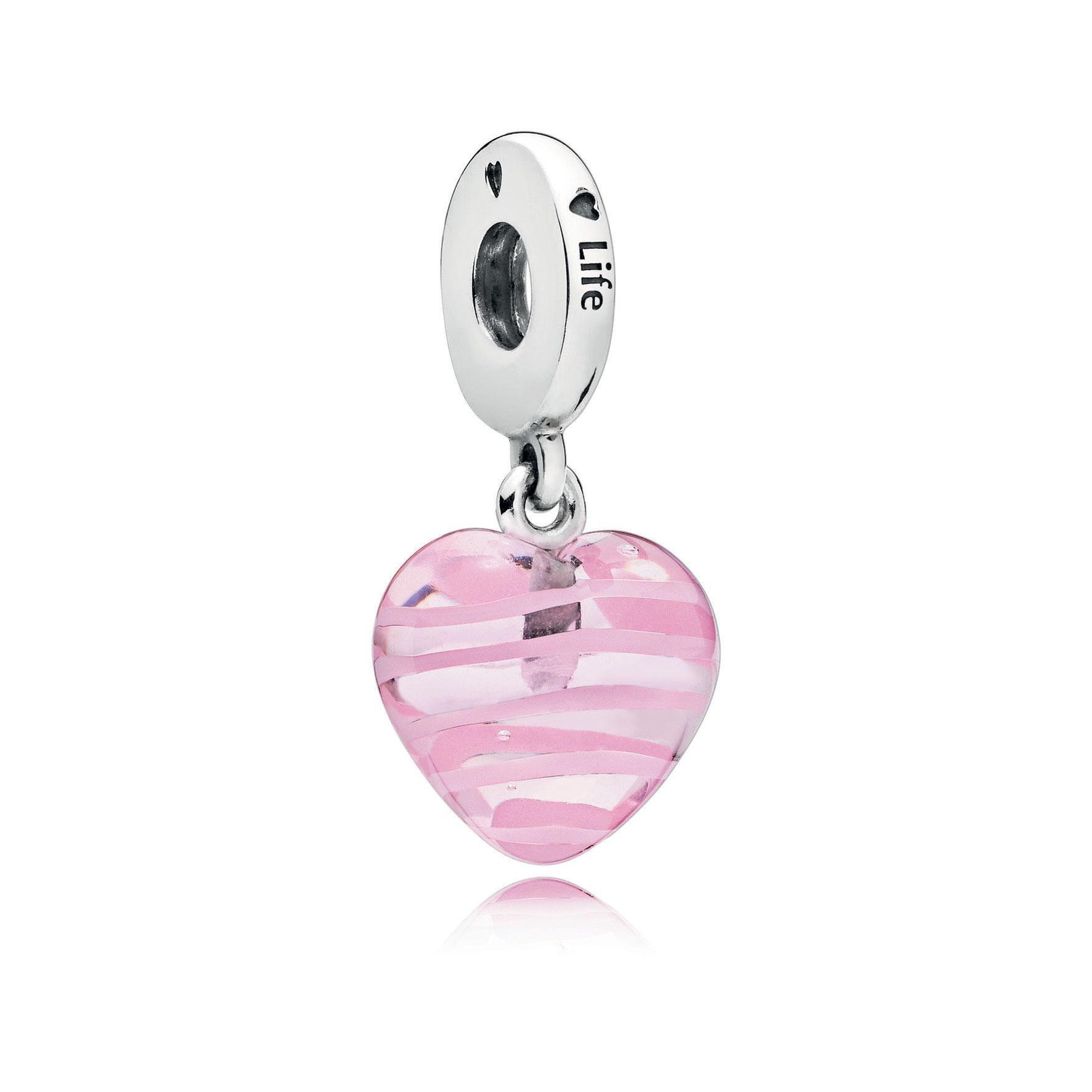 Pandora Glass Dangle Charm Pink Ribbon Heart Sterling Silver - No Returns or Exchanges
