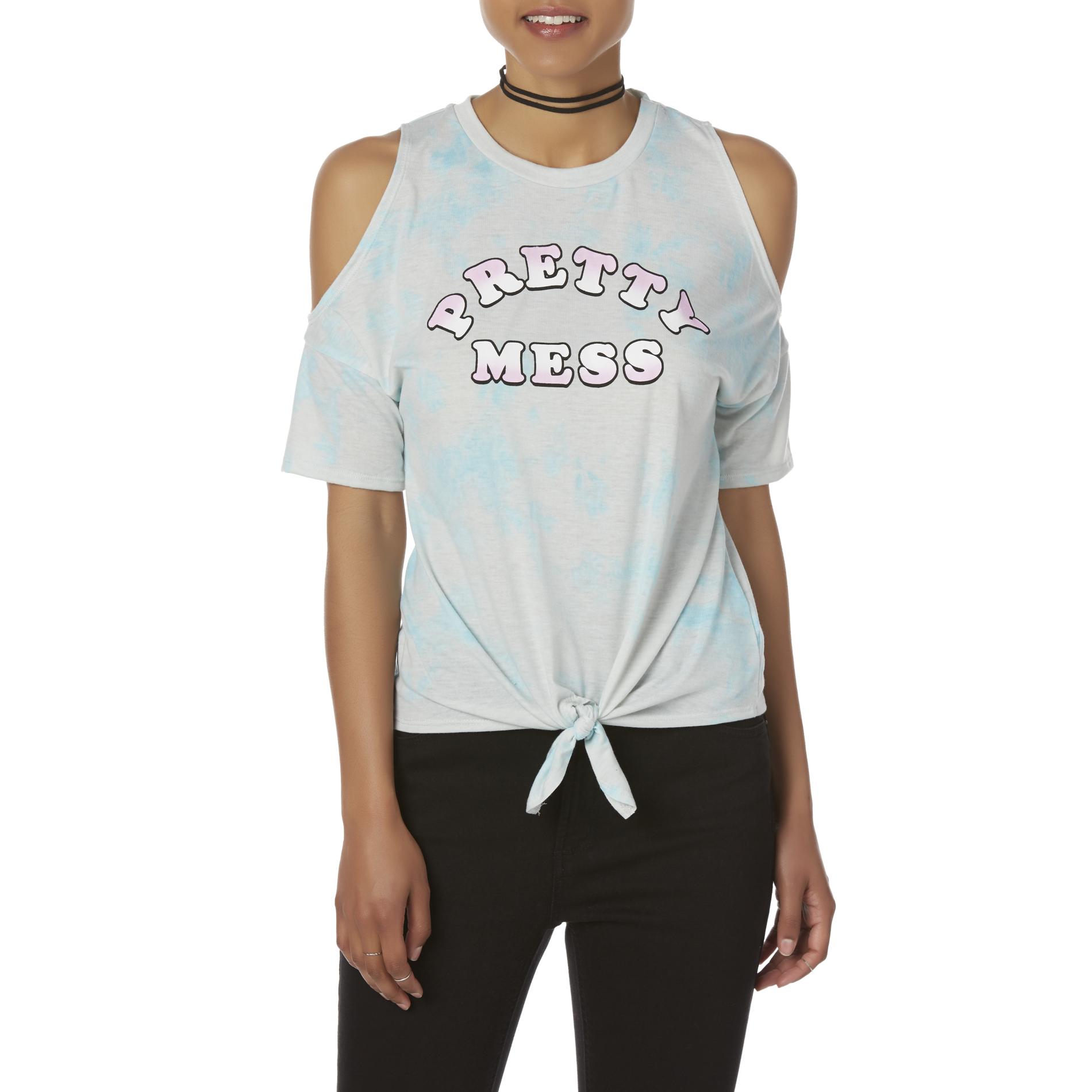 Bongo Juniors' Cold Shoulder Graphic T-Shirt - Pretty Mess, Size: Large, Mint Green