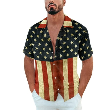 GWAABD Men S Baseball Short Sleeved Shirt Male Summer Casual Independence Day Print Shirt Short Sleeve Turn Down Collar Shirt
