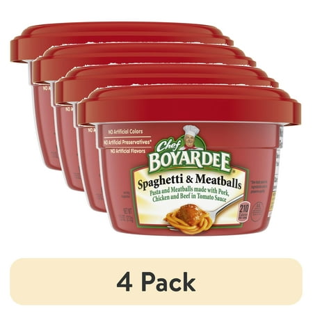 (4 Pack) Chef Boyardee Spaghetti and Meatballs in Tomato Sauce  Microwavable Meal  7.5 Oz. Bowl