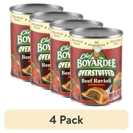 (4 Pack) Chef Boyardee Overstuffed Beef Ravioli in Pasta Sauce  Ready-to-Eat Meal  15 Oz. Can
