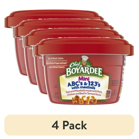 (4 Pack) Chef Boyardee Mini ABC S and 123 S with Meatballs in Tomato Sauce  Microwavable Meal  7.5 Oz. Bowl
