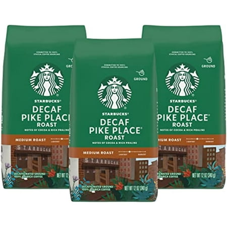 Starbucks Decaf Ground Coffee  Pike Place Roast  Medium Roast Decaffeinated Coffee  Ground 100% Arabica Coffee  Notes of Cocoa & Rich Praline  12-Ounc