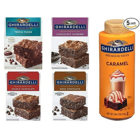 Ghirardelli Premium Brownie Mix Variety Pack of 4 Flavors Plus Caramel Finishing Sauce - Triple Fudge  Chocolate Supreme  Double Chocolate  and Dark C