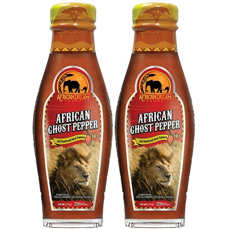 African Ghost Pepper Hot Sauce by African Dream Foods | All Natural Thick Bhut Jolokia Chilis with Seeds | Made in Africa | 5 Fl Oz Glass Bottle | 2-P