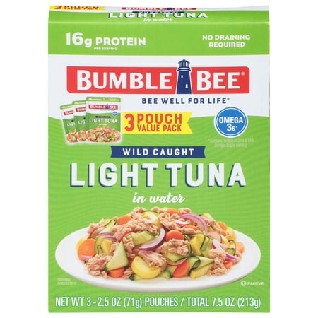 Bumble Bee Chunk Light Tuna in Water  Wild Caught Skipjack Tuna  Gluten Free  16g Protein per Serving  Shelf Stable Pouch  2.5oz (Pack of 3)