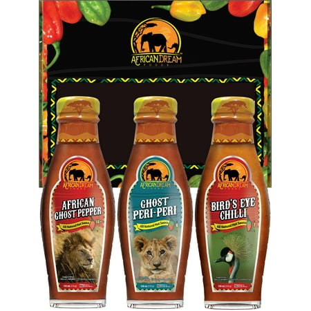 African Dream Foods African Hot Sauce Gift Pack - African Ghost Pepper  Ghost Peri-Peri  Bird’s Eye Chili | 5 Fl Oz Bottles  3PK