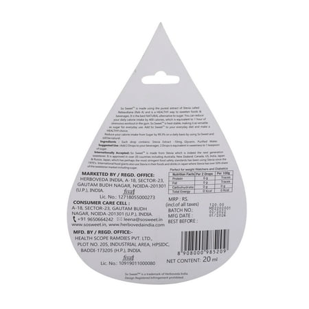 So Sweet Stevia Liquid Are Made of 100 Percent Natural Zero Calorie Sweetener and in the Best and Healthiest Alternative to Sugar and Artificial Sweet