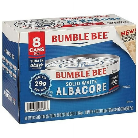 Bumble Bee Solid White Albacore Tuna in Water 5 Oz Can (Pack of 8) - Wild Caught Tuna - 29g Protein per Serving - Non-GMO Project Verified Gluten Free