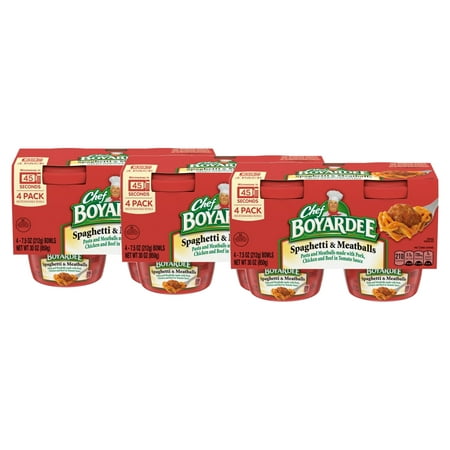 (3 Pack) Chef Boyardee Spaghetti & Meatballs  Microwave Meal  7.5 Oz. Bowl 4-Count