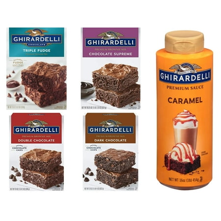 Ghirardelli Premium Brownie Mix Variety Pack of 4 Flavors Plus Caramel Finishing Sauce - Triple Fudge  Chocolate Supreme  Double Chocolate  and Dark C