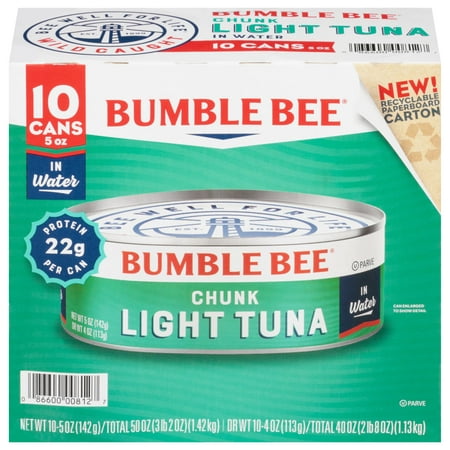 Bumble Bee Chunk Light Tuna in Water  5 Oz Cans (Pack of 10) - Wild Caught Tuna - 22g Protein per Serving - Non-GMO Project Verified  Gluten Free  Kos