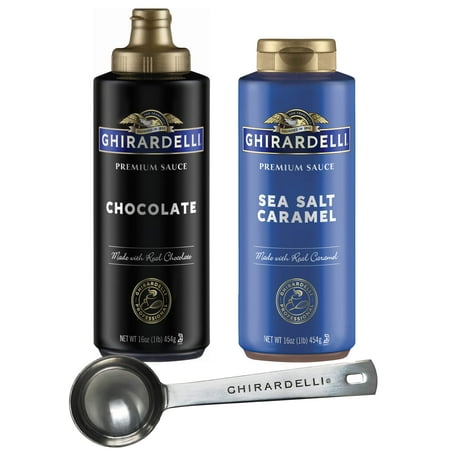 Ghirardelli Sea Salt Caramel and Chocolate Flavored Sauce 16 Oz Squeeze Bottles (Pack of 2) with Ghirardelli Stamped Barista Spoon
