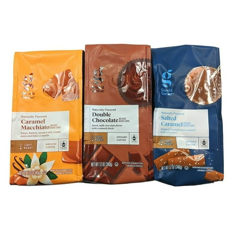 Gather 3 Pack 12 Oz Flavored Ground Coffee  Caramel Macchiato  Double Chocolate  Salted Caramel  Light Roast  Fair Trade Certified Arabica Coffee