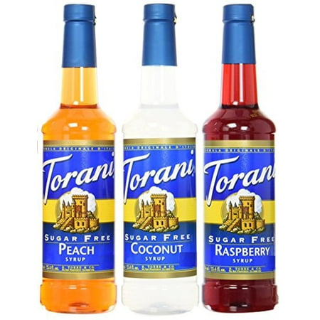 Torani Syrup Sugar Free 3 Pack Fruit Favorites  Peach  Coconut & Raspberry  for Sodas  Ices and Creams