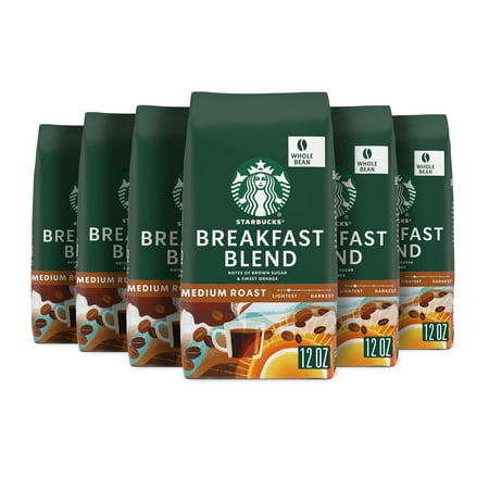 Starbucks Whole Bean Coffee  Medium Roast Coffee  Breakfast Blend  100% Arabica  6 Bags (12 Oz)