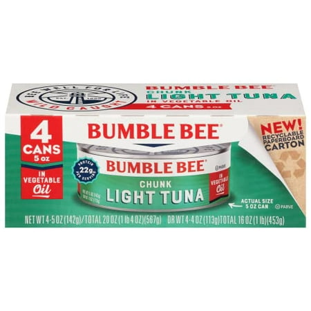 Bumble Bee Chunk Light Tuna in Oil  5 Oz Cans (Pack of 4) - Wild Caught Tuna - 22g Protein - Omega 3s - MSC Certified Sustainable - Non-GMO Project Ve