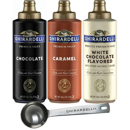 Chocolate Sauce  White Chocolate Flavored Sauce  Caramel Sauce 16 Oz Squeeze Bottles (Pack of 3) with Stamped Barista Spoon