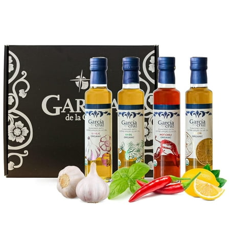 Organic Infused Olive Oil Gift Set by Garcia De La Cruz with Premium Garlic Infused Olive Oil  Hot Chili Olive Oil  Lemon Infused Olive Oil and Basil 