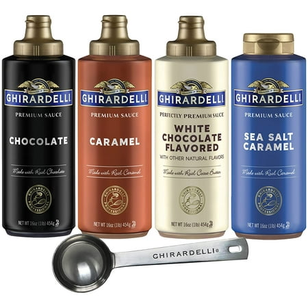 Chocolate  Caramel  White Chocolate and Sea Salt Caramel Flavored Sauce 16 Oz Bottles (Pack of 4) with Stamped Barista Spoon