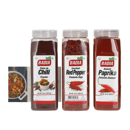 Badia Chili Powder  Smoked Paprika  and Red Crushed Pepper Bundle (Set of 3) with Premium Penguin Recipe Card | 16 Ounce Chili Powder | 16 Ounce Smoke