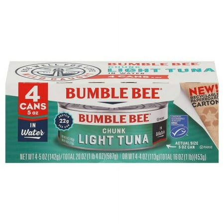 Bumble Bee Chunk Light Tuna in Water  5 Oz Cans (Pack of 4) - Wild Caught Tuna - 22g Protein per Serving - Non-GMO Project Verified  Gluten Free  Kosh