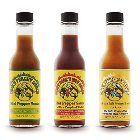 Dirty Dicks Variety Trio: Original  Caribbean  Peachy Green Hot Sauces - 5 Fl Oz  Pack of 3