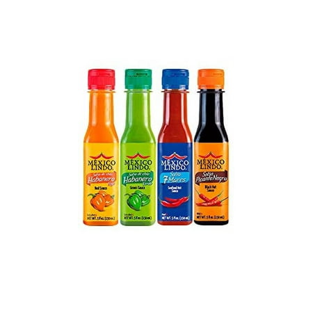 Mexico Lindo Hot Sauce Variety Pack | Includes One Bottle Each of Picante Negra + Red Habanero + Green Habanero + 7 Mares | 5 Fl Oz Bottles (Pack of 4