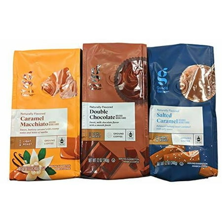 Gather 3 Pack 12 Oz Flavored Ground Coffee  Caramel Macchiato  Double Chocolate  Salted Caramel  Light Roast  Fair Trade Certified Arabica Coffee