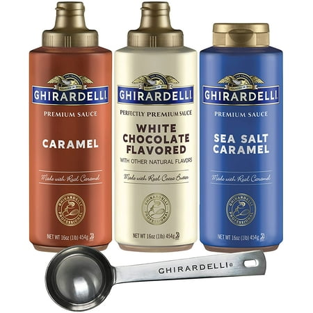 Sea Salt Caramel  White Chocolate and Caramel Flavored Sauce 16 Oz Bottles (Pack of 3) with Stamped Barista Spoon