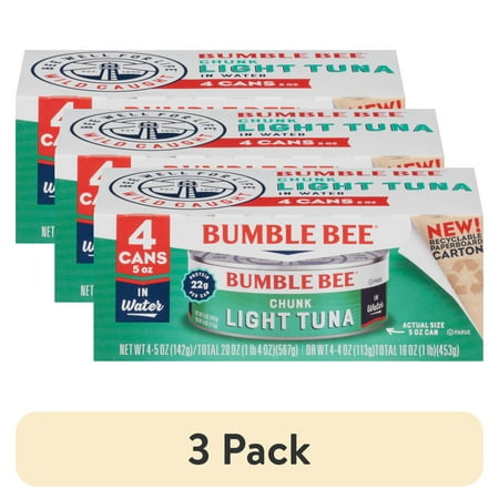 (3 Pack) (Pack of 4) Bumble Bee Chunk Light Tuna in Water  Wild Caught  Gluten Free  23g Protein per Serving  Shelf Stable Can  5 Oz