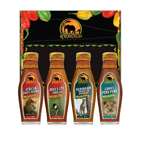 African Dream Foods Hottest Hot Sauce Gift Pack - African Ghost Pepper  Bird’s Eye Chili  Habanasco - Fermented Habanero  Ghost Peri-Peri | 5 Fl Oz 