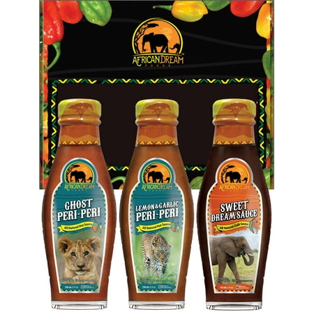 African Dream Foods Sweet and Spicy Hot Sauce Gift Pack - Ghost Peri-Peri  Lemon & Garlic Peri-Peri  Sweet Dream | 5 Fl Oz Bottles  3PK