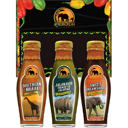 African Dream Foods Mildest Hot Sauce Gift Pack - Southern Braai - BBQ Sauce  Sweet Dream Sauce  Jalanasco - Fermented Jalapeno | 5 Fl Oz Bottles  3PK