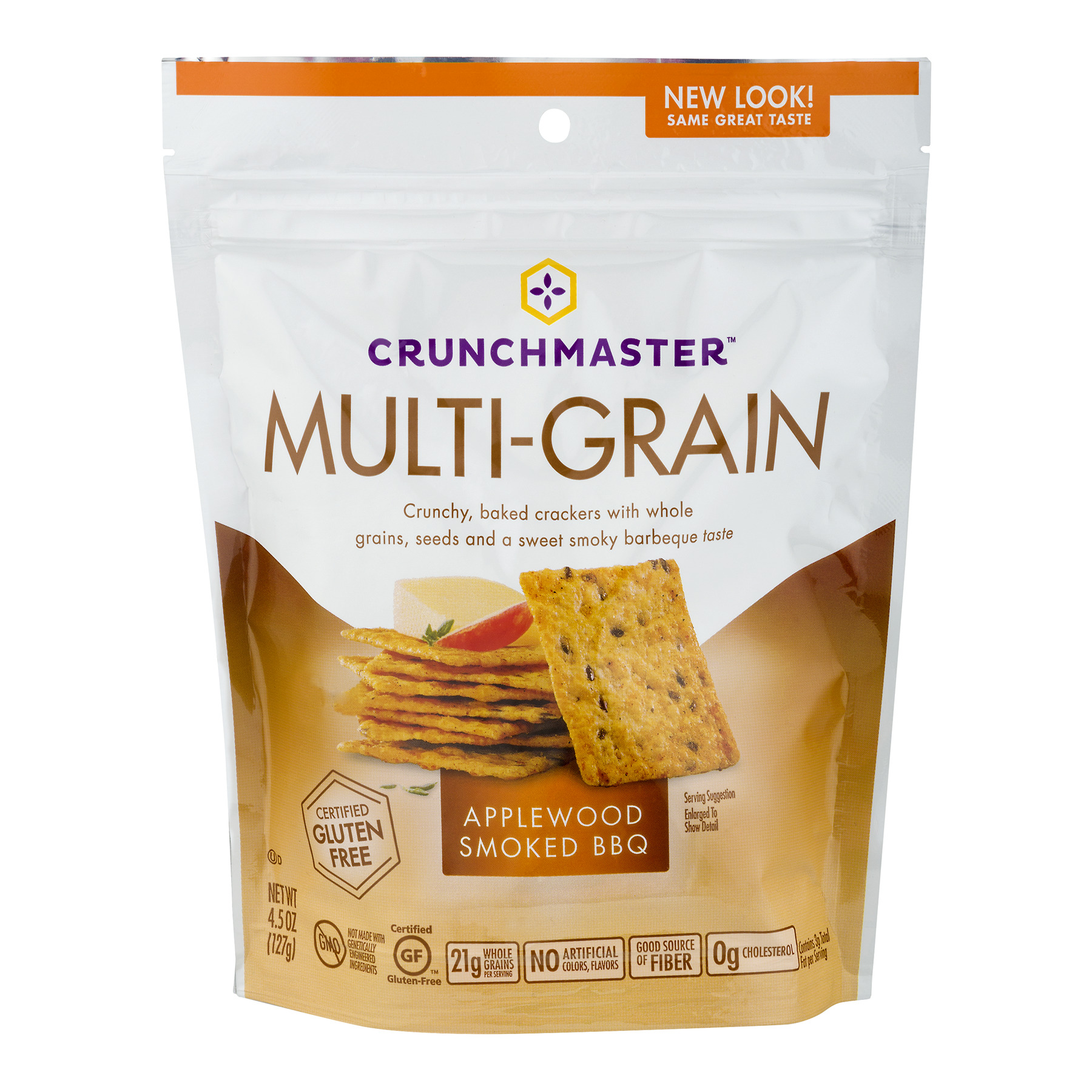 APPLEWOOD SMOKED BBQ MULTI-GRAIN CRACKERS WITH WHOLE GRAINS, SEEDS AND A SWEET SMOKY BARBEQUE TASTE, APPLEWOOD SMOKED BBQ