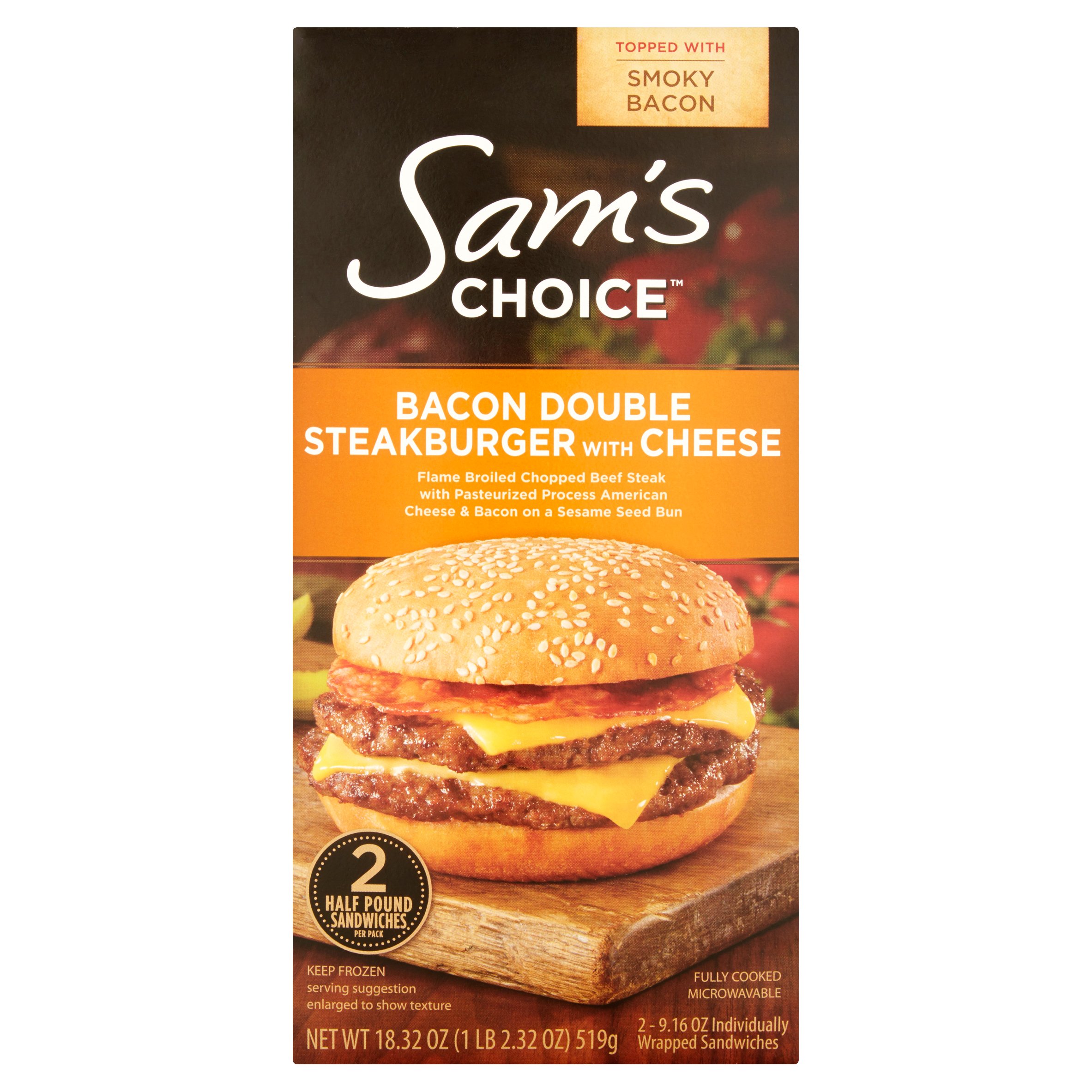 Sam's Choice Bacon Double Steakburger with Cheese, 9.16 Oz, 2 Count