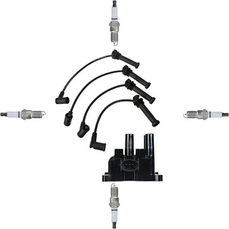 Yoshi Motors Pack of 1 Ignition Coil and 4 Spark Plug with Wire Set Replacement for Ford Mazda 2001-2011 01 02 03 04 05 06 07 08 09 10 11 Ranger B2300