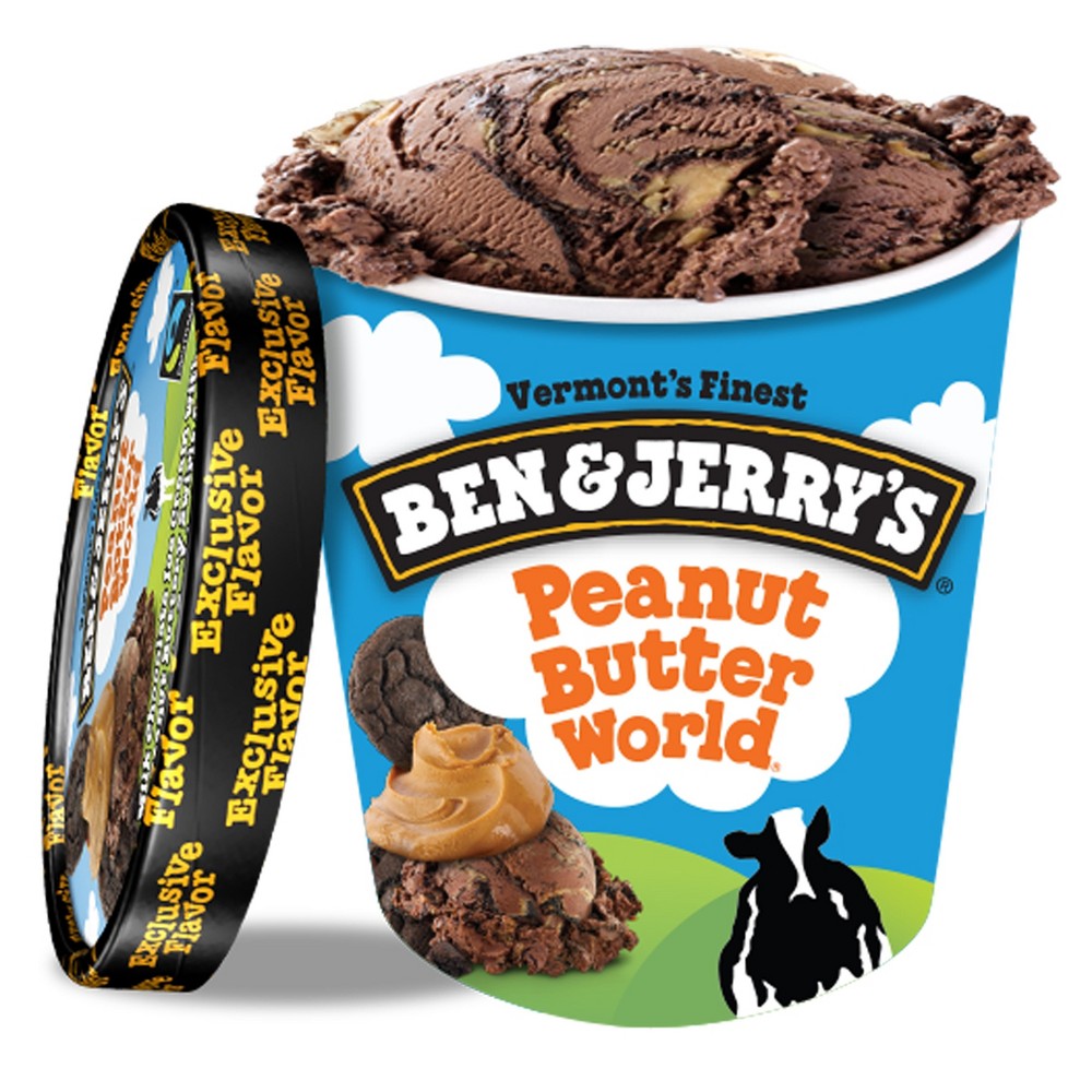 PEANUT BUTTER WORLD MILK CHOCOLATE ICE CREAM WITH PEANUT BUTTERY SWIRLS & CHOCOLATE COOKIE SWIRLS, PEANUT BUTTER WORLD