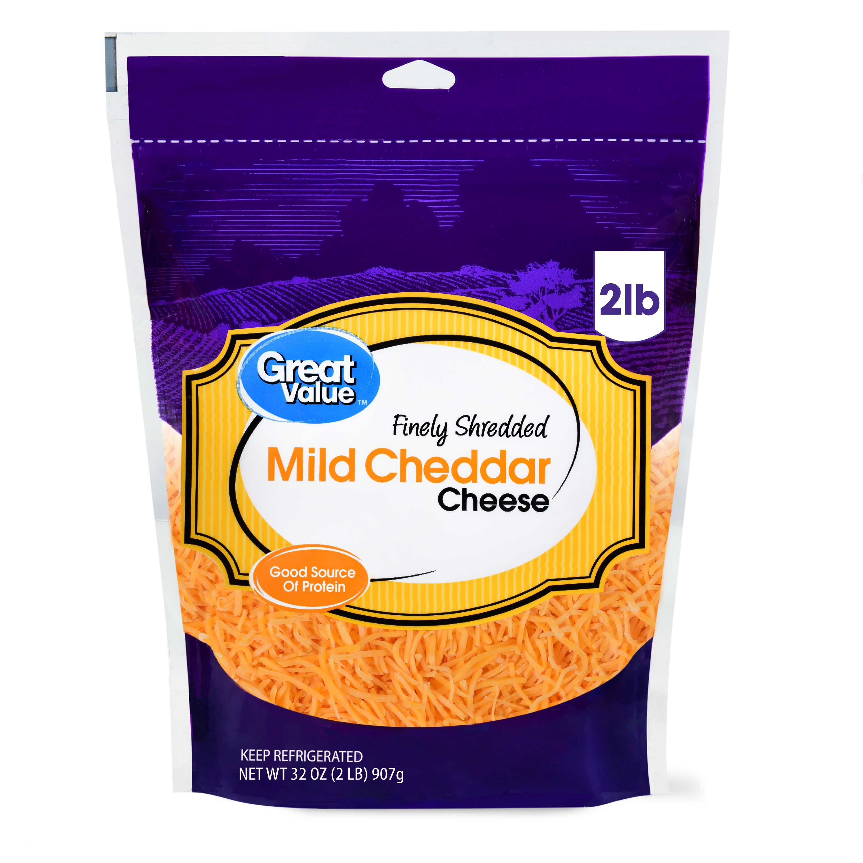 Great Value Finely Shredded Mild Cheddar Cheese, 32 Oz. Image