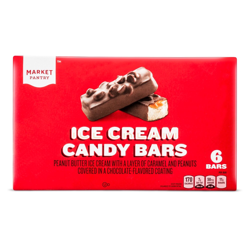 Peanut Butter Ice Cream with a Layer of Caramel and Peanuts Covered in a Chocolate-flavored Coating Candy Bars, Ice Cream